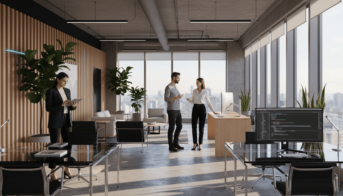 Modernes Büro mit KI-Technologie und blauer Beleuchtung