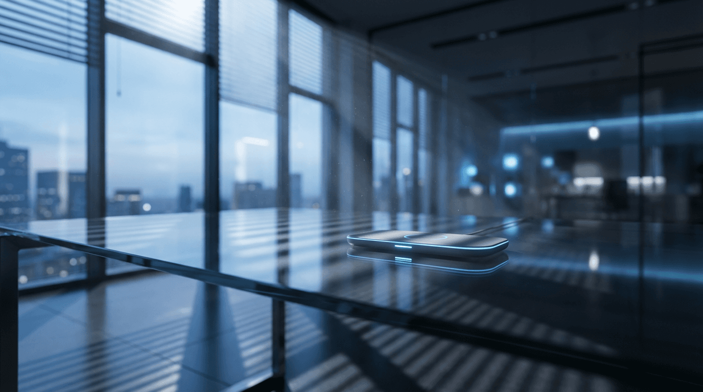 Modernes Smartphone zeigt die Voxera KI-Assistentin Interface mit eleganter blauer und violetter Farbgestaltung